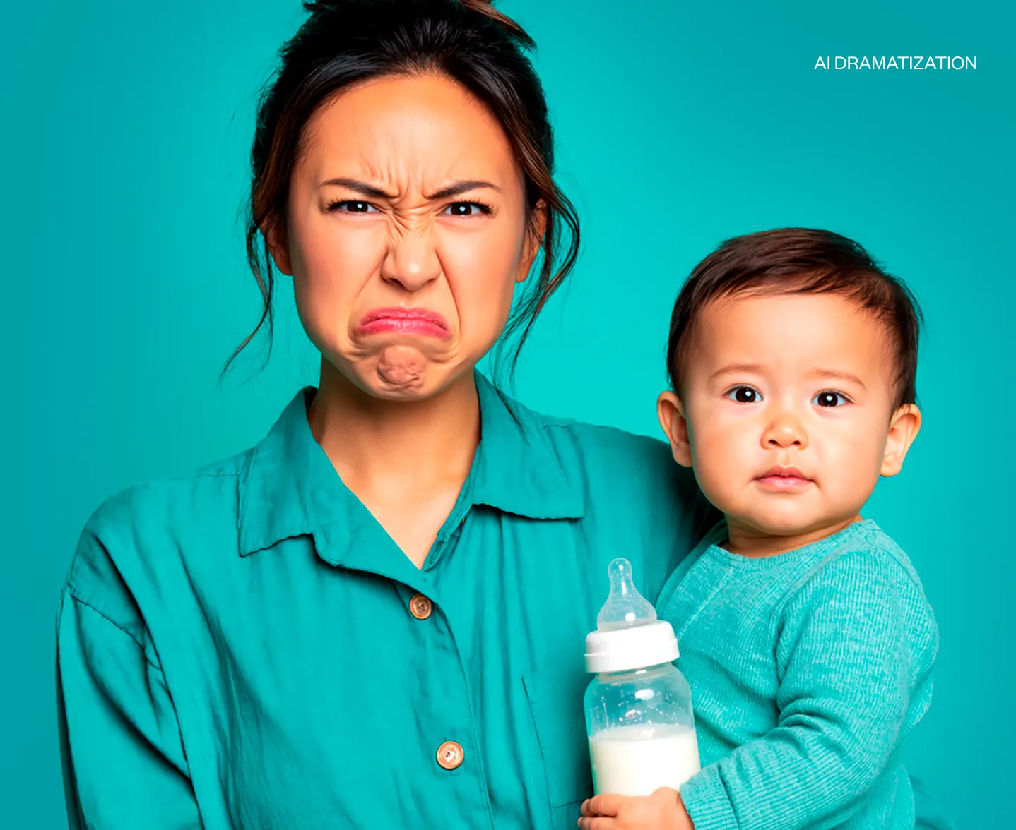 A mom who is making an unpleasant face and holding a baby with a baby bottle. 