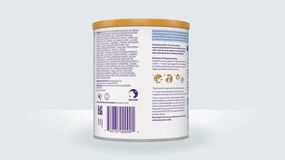 Neocate Syneo Junior Side 2 label view of the can