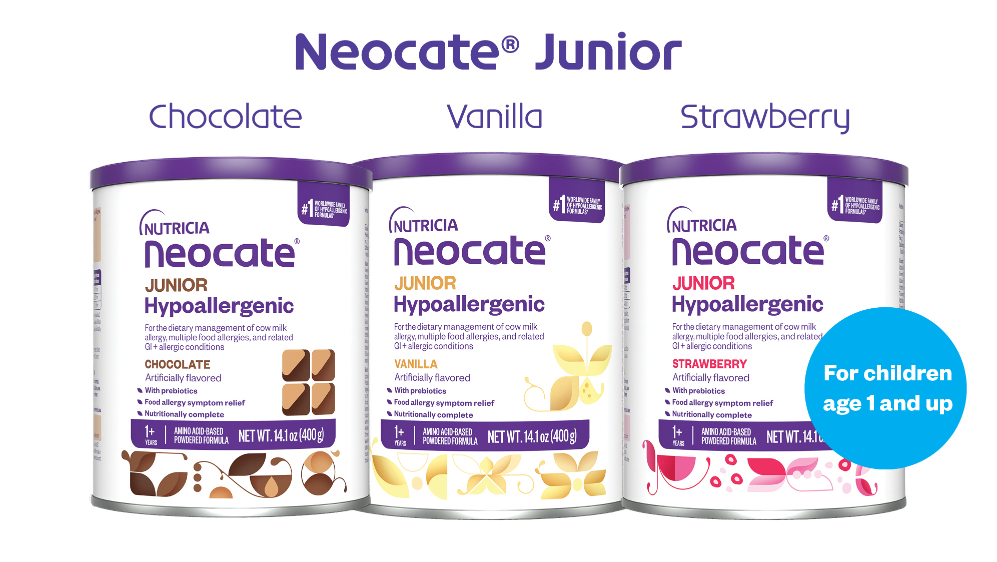 Neocate Junior Flavors: Chocolate, Vanilla, and Strawberry toddler formulas